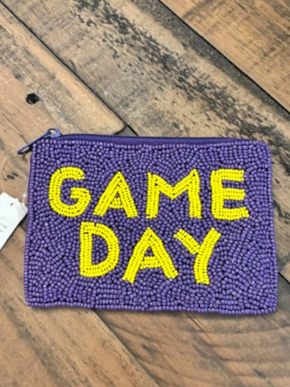 Purple & Gold Beaded Game Day Coin Purse Zip Pouch